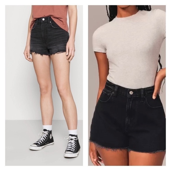 NWT ABERCROMBIE & FITCH High Rise Mom Shorts Black Distressed Size 37/24 - Picture 1 of 6